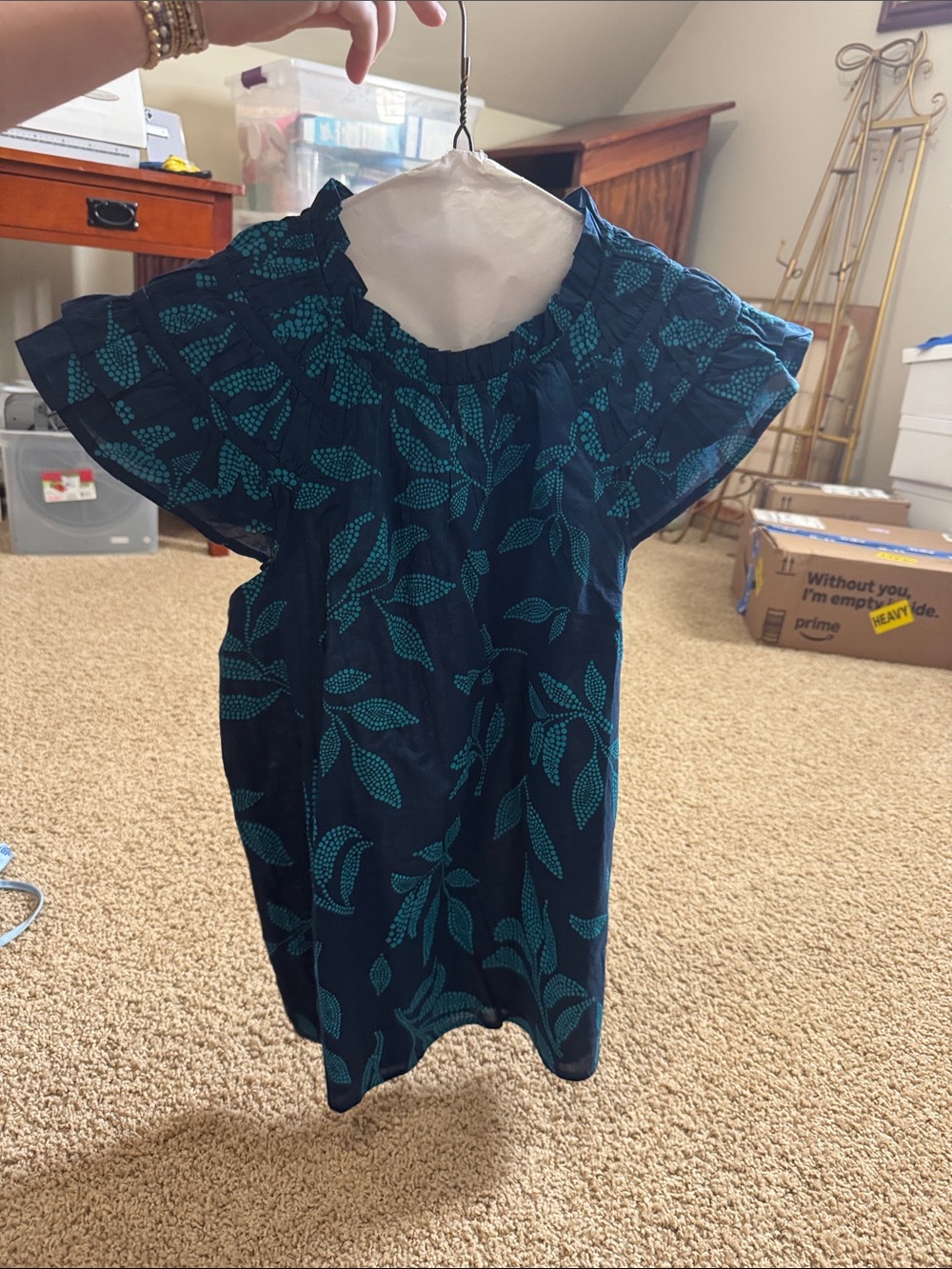 J. Crew Navy Blue Leaf Print Ruffle Sleeve Blouse